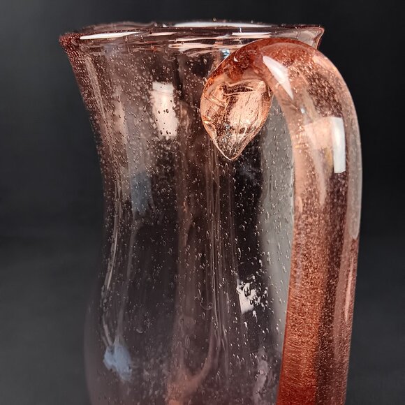 Pink Art Deco Glass Pitcher Air Bubble Applied Handle Heavy Bottom 62oz - Picture 3 of 5